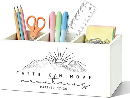 Christian Inspirational Pen Pencil Holder for Desk, Christian Inspirational Gifts, Faith Can Move Mountains Bible Verse Wooden Box Sign Organizer for Home Office Desk Accessories Tabletop