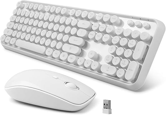 Wireless Keyboard and Mouse Combo - Cute Colorful Keyboard and Mouse, Retro Typewriter Keyboard with 2.4GHz Plug & Play, for Windows 11/10/7, Laptop, PC (White)