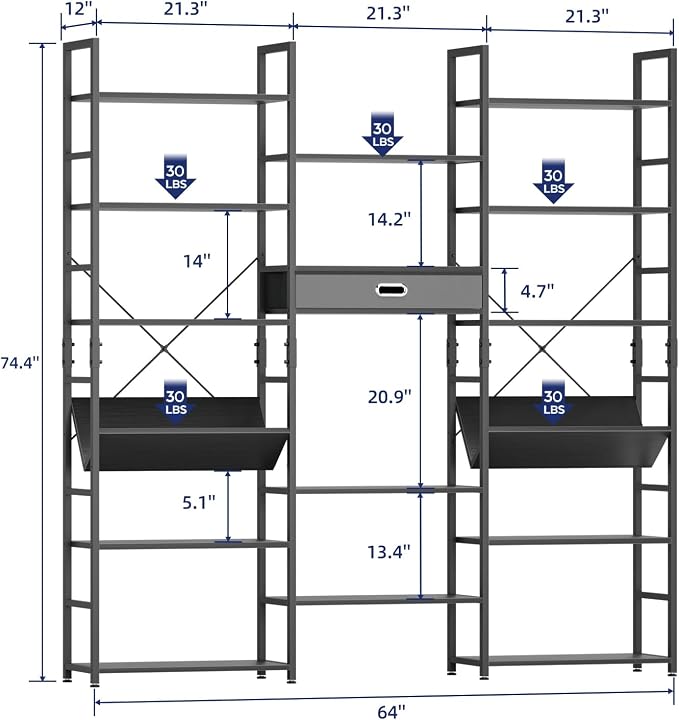 NUMENN Bookcases and Bookshelves Triple Wide 6 Tier Bookshelf, Large Etagere Bookshelf with Storage Drawer, Adjustable Open Display Shelves for Living Room Bedroom Home Office, Black