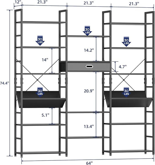 NUMENN Bookcases and Bookshelves Triple Wide 6 Tier Bookshelf, Large Etagere Bookshelf with Storage Drawer, Adjustable Open Display Shelves for Living Room Bedroom Home Office, Black