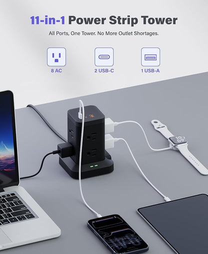 Power Strip Tower with Surge Protector 1800J, Fast Charging Tower PD20W USB-C Ports with 8 AC Outlets, 10ft Extension Cord for Home Office Dorm Room, Black