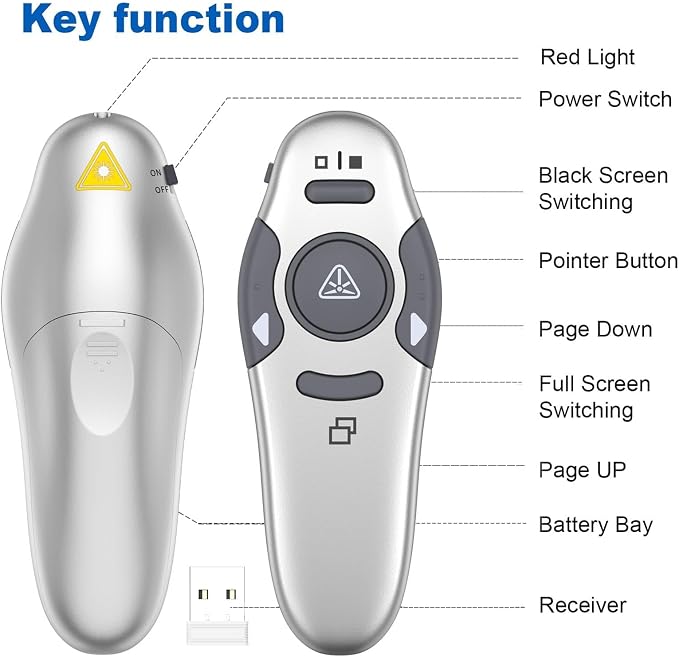QUI Presentation Clicker Wireless Presenter Remote Clicker for PowerPoint Presentation Remote, PowerPoint Slide Advancer for Mac/Windows/Google Slide/Keynote, Silver, A