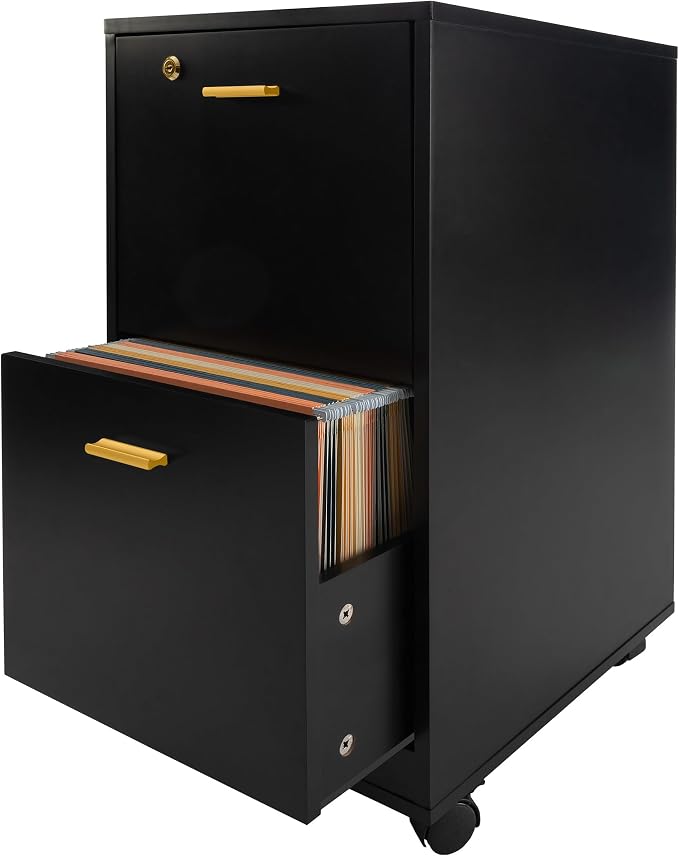 Lavish Home 2 Drawer File Cabinet - Filing Cabinet with Lock - Rolling File Cabinet for Under Desk Storage - Wood Filing Cabinet for Home or Office Organization (Black)