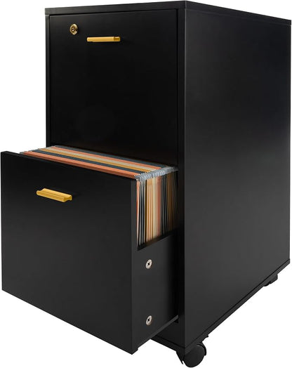 Lavish Home 2 Drawer File Cabinet - Filing Cabinet with Lock - Rolling File Cabinet for Under Desk Storage - Wood Filing Cabinet for Home or Office Organization (Black)
