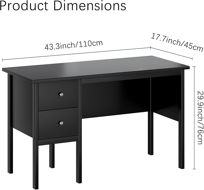 BHG Computer Desk with Drawers,Modern White Home Office Desk with Storage Filing Cabinet, Vanity Desk Makeup Dressing Table for Bedroom,Small Writing Table PC Desks for Study (Black, 43.3")