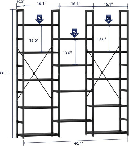 NUMENN Triple Column 5 Tier Bookshelf, Bookcase with 14 Open Display Shelves, Adjustable Rustic Industrial Style Book Shelves, Modern Bookshelves for Bedroom, Living Room and Home Office, Black
