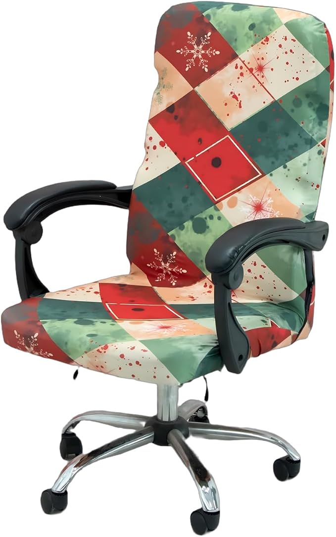 Christmas Office Chair Cover Green,Printed Elk,pinecone,Xmas tree,Snowflake,Jingle bell Stretch Computer Chair Cover Universal Removable Washable Anti-Dust Chair Slipcover with Zipper (L,Christmas-09)