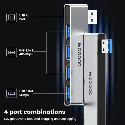 MOGOOD USB Hub 3.0, 4-Port Aluminum USB Splitter – Sturdy No-Cable Design, 1 USB 3.0 + 3 USB 2.0 Ports, Plug & Play Data Hub for Laptop, Desktop, Mac, Chromebook Ideal for Flash Drive, Mouse, Keyboard