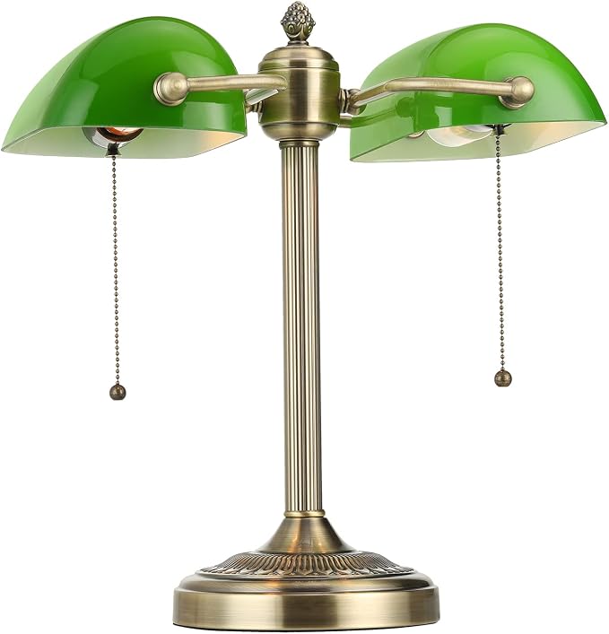Green Double Head Glass Bankers Desk Lamp,Plug in | Pull Chain Switch Fixture for Library Office Cafe