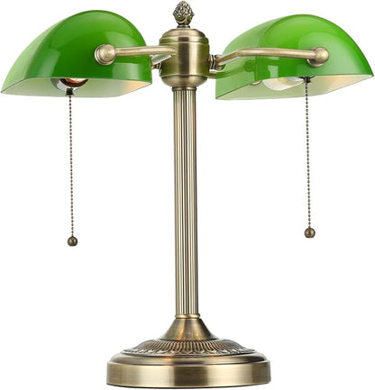Green Double Head Glass Bankers Desk Lamp,Plug in | Pull Chain Switch Fixture for Library Office Cafe