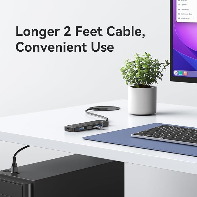 MOKiN USB 3.0 Hub, 5-Port Ultra Slim Data USB Extender with 4*USB A 3.0 Ports + USB C Power Port for Laptop, Chromebook, Dell Acer and More, 2FT Extended Cable…