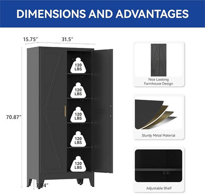 COFaR Metal Pantry Cabinet with Doors, Farmhouse 71'' Tall Storage Cabinet with 4 Adjustable Shelves, Kitchen Pantry Cabinet for Dinning Room, Garage, Laundry, Bathroom, Black 5-Tier