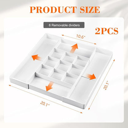 Briwooody 2 Pcs Large Expandable Acrylic Drawer Organizers, Grid Adjustable Drawer, Dividers Organizer for Desk, Makeup, Jewelry, Office, Kitchen Supplies (White,13 Compartments)