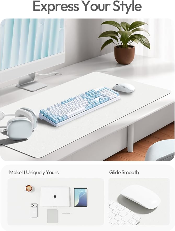 YSAGi Leather Desk Protector, Office Mat, Large Mouse Mat, Non-Slip PU Leather Blotter, Laptop Desk Mat, Waterproof Writing Pad for Office and Home(White, 42" x 17.2")