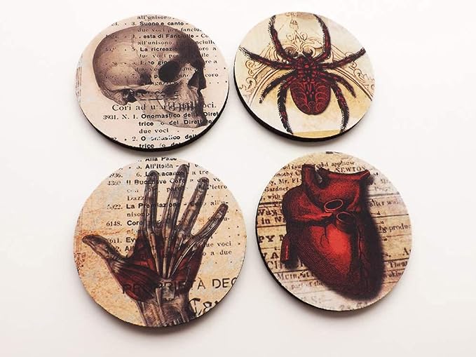 Halloween Home Decor Set of 4 or 6 Coasters Mousepad or Hardboard Skull Anatomical Heart Black Cat Raven Goth