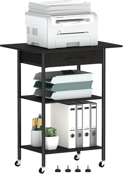 Arbuxzuy 3-Tier Printer Stand, Printer Table with Fabric Drawer, Industrial Printer Storage Cart with Wheels, Rolling Printer Stand for Heat Press Scanner Fax, Black