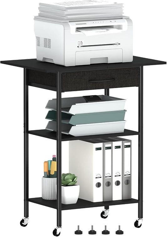 Arbuxzuy 3-Tier Printer Stand, Printer Table with Fabric Drawer, Industrial Printer Storage Cart with Wheels, Rolling Printer Stand for Heat Press Scanner Fax, Black