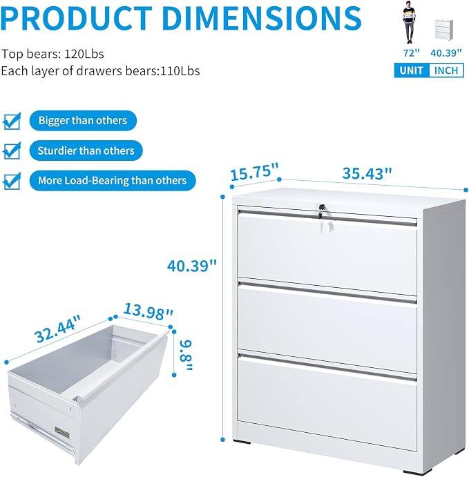 3 Drawer Lateral File Cabinet with Lock, Metal Lateral Filing Cabinet for Home Office, Steel Wide Horizontal Filing Cabinets for Letter/Legal/A4/F4 Hanging Files (White)