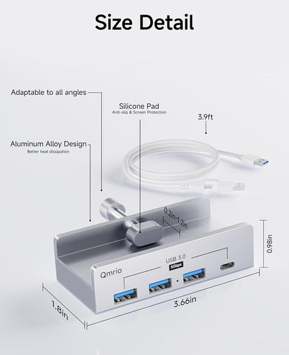 USB Hub 3.0, 5Gbps Clamp USB Hub for Desk/Monitors with Extra Power Supply Port, 3 USB-A Data Ports, USB-C Data Port for iMac Pro/iMac (Silver)
