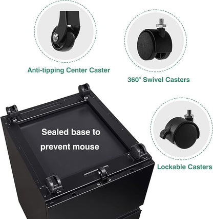 SISESOL 3 Drawer Mobile File Cabinet with Lock,Black Under Desk File Cabinets with Wheels,Rolling Metal Filing Cabinet for Home Office,Fit Legal/Letter/a4 File,Fully Assembled Except Caster
