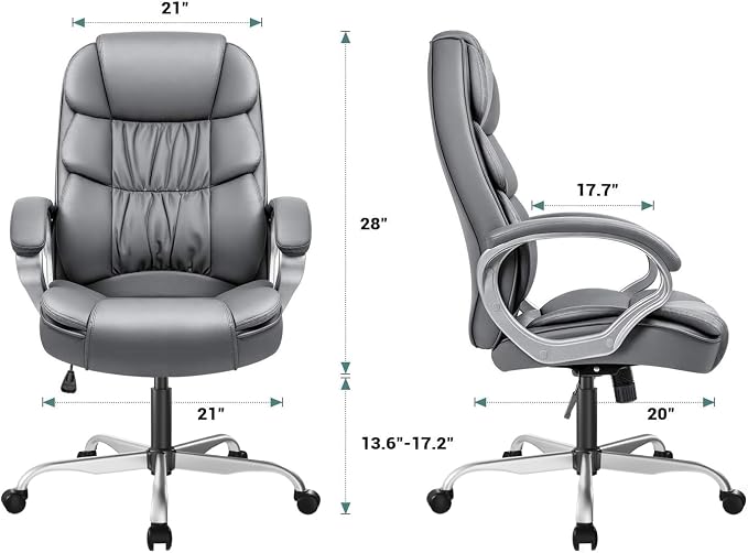 GUNJI Office Chair PU Leather High Back Executive Chair Ergonomic Computer Chair, Modern Adjustable Home Desk Chair Swivel Managerial Chair with Padded Armrests and Lumbar Support (Gray)