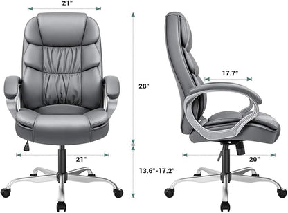 GUNJI Office Chair PU Leather High Back Executive Chair Ergonomic Computer Chair, Modern Adjustable Home Desk Chair Swivel Managerial Chair with Padded Armrests and Lumbar Support (Gray)