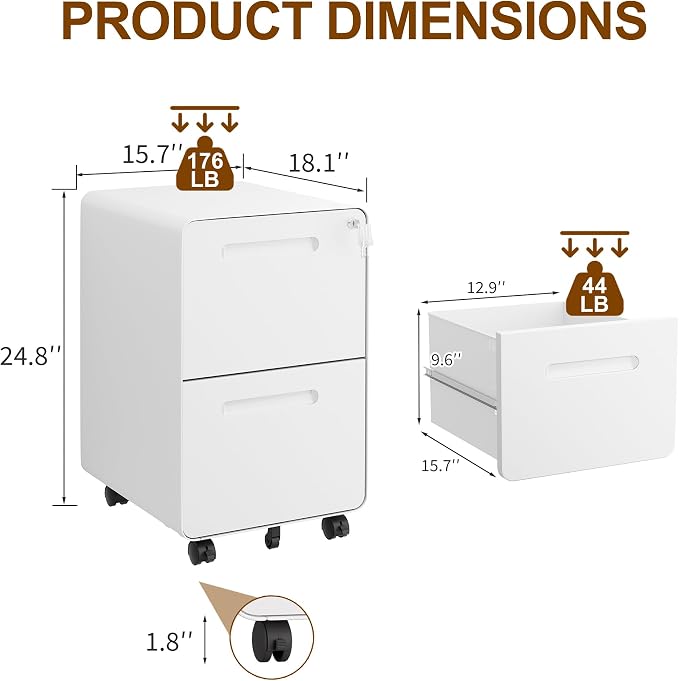 2 Drawers Metal Filing Cabinet with Lock, with 25 File Folders, Mobile Vertical Cabinet with Fully Assembled Except Casters, for Home Office, White