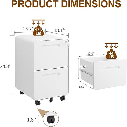 2 Drawers Metal Filing Cabinet with Lock, with 25 File Folders, Mobile Vertical Cabinet with Fully Assembled Except Casters, for Home Office, White