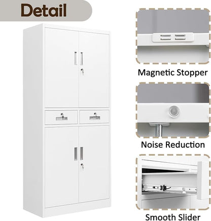 CJF Metal Storage Cabinet with Adjustable Shelves and Drawers, 71" H Locking Pantry Storage Cabinet for Office, Garage, Home, School, Utility (White)