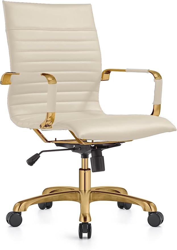 LeisureMod Harris Modern Ergonomic Executive Office Chair, High-Back Leather Conference Desk Chair with Adjustable Height, Tilt Control, 360° Swivel & Gold Frame for Home Office
