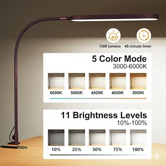 SKYLEO LED Desk Lamp - Desk Light for Home Office - Flexible Gooseneck - 5 Color Modes X 11 Brightness Levels - 1300LM - Timmer & Memory Function - 12W Clip on Light - Red