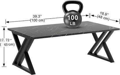 Wolawu Coffee Table Living Room Table Black Center Table, Simple Modern Faux Marble Rectangular Tea Table with Sturdy Black-Finished Metal Frame,Industrial Wooden Coffee Table for Bedroom Home Office
