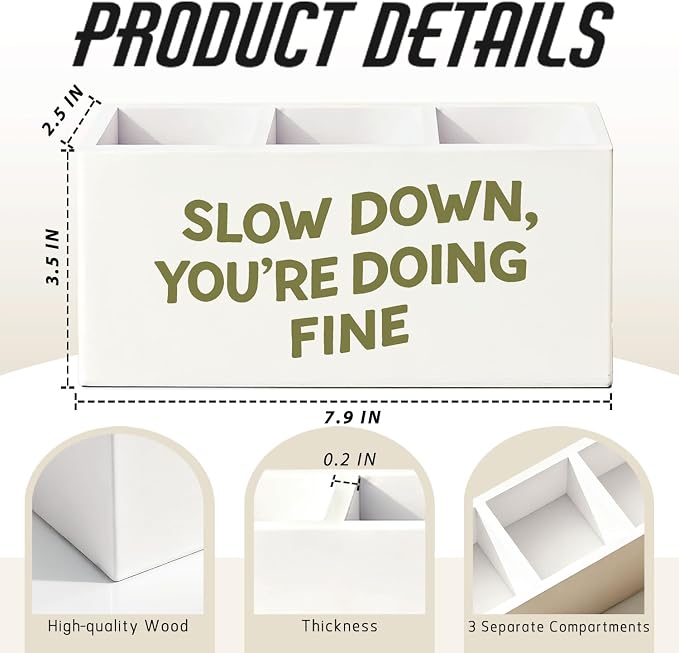 Inspirational Pen Pencil Holder for Desk, Inspirational Gifts for Women Men, Slow Down You're Doing Fine Motivational Wooden Box Sign Decorations for Home Classroom Office Desk Tabletop