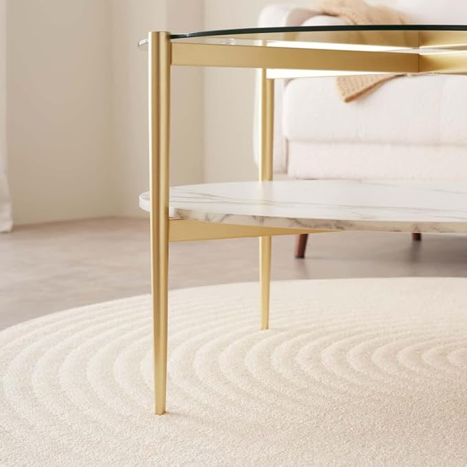 LumFurn Round Coffee Table for Living Room, Mid-Century Modern Design, D30 x H17, 2-Tier Structure, Clear Glass Top and White Marble Finish Wood Shelf, Sleek Conical Metal Legs with Gold Finish Frame