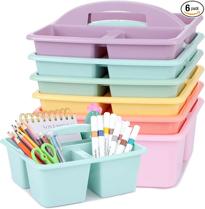 gisgfim 6 Pack Classroom Caddy with Handle Plastic Storage Caddy Organizer with 3 Compartments Desk Caddies Holder Portable Storage Bin for Pencil, Crayon, Marker, Home, Office, School Supply(Pastel)