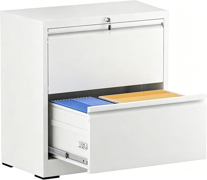 Lateral File Cabinet with Lock, 2 Drawer Filing Cabinet, Metal File Cabinets for Home Office, Steel Heavy-Duty Filing Storage Cabinet for Letters/Legal/A4 (Require Assembly, White)