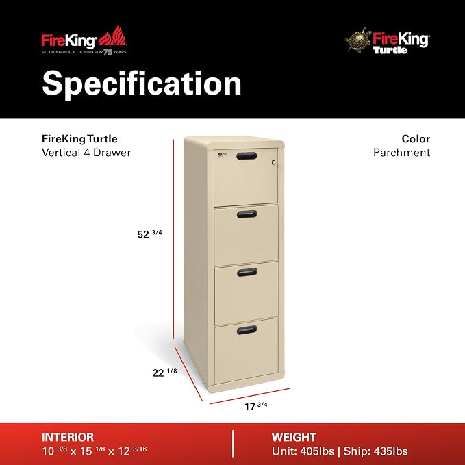 FireKing Turtle Contour - 4 Drawer Fire Safe File Cabinet with Key Lock, 1 Hour Fire Rated - UL Rated & Water Resistant Home Safe - Made in the USA Legal & Letter Filing Cabinet - Parchment