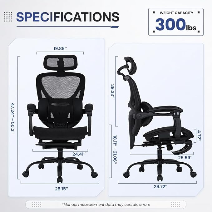 MALOL Ergonomic Mesh Office Chair with Footrest, High Back Desk Chair with 5-Level Adjustable Lumbar Support, 3D Headrest, 130° Reclining Backrest, Adaptive Armrests, Home Office Computer Chair, Black