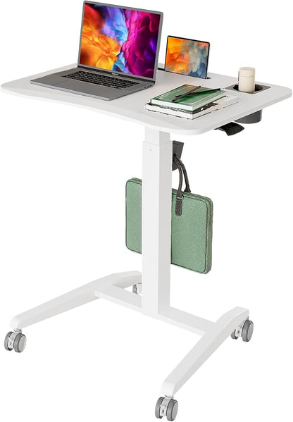 Gibbon Mounts Mobile Standing Desk, Height Adjustable Rolling Laptop Desk, 27 inches Portable Sit Stand Desk with Wheels and Hook, Pneumatic Computer Table, White
