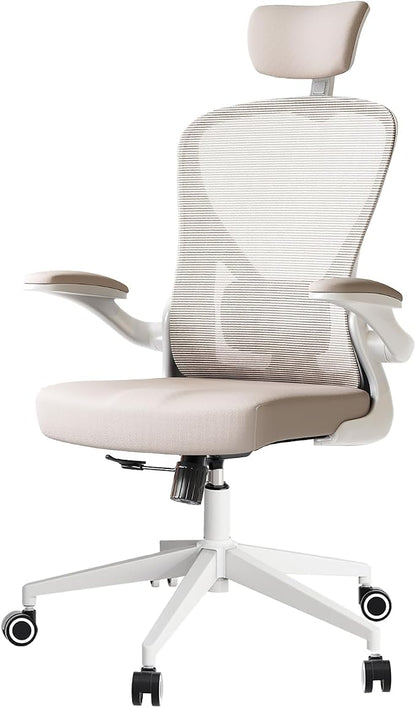 Ergonomic Office Chair with Adjustable Flip-Up Armrests & Lumbar Support - Thickened Cushion Desk Chair with Wheels, Comfy Home Office Computer Chair