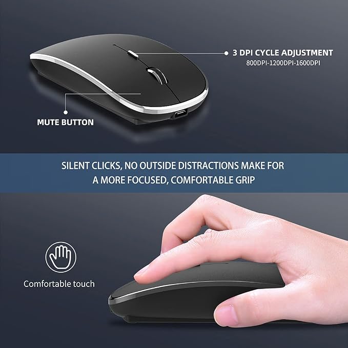 Halpilt Wireless Mouse Chargeable Portable Silent USB-A and Type-C Dual Mode Wireless Mouse 3 Adjustable DPI for Laptop, Mac, Android, PC (Q23S Black)