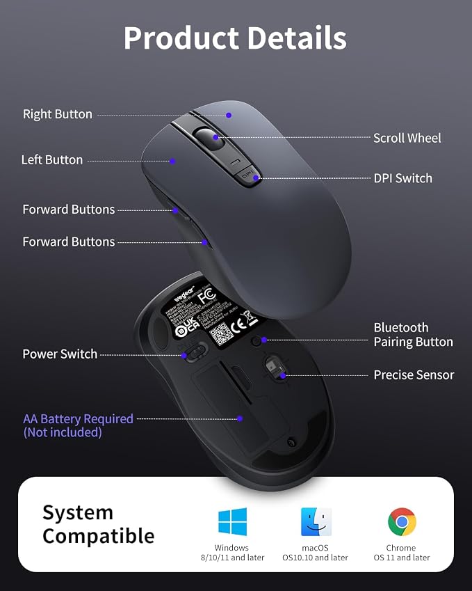 WL300 Bluetooth Mouse Silent Wireless Mice, Quiet Click, Cordless Computer Mouse with 6 Buttons, Sculpted Grip, Adjustable DPI for Laptop, PC, Mac, 18-Month Battery Life for Work or Travel ( Grey)