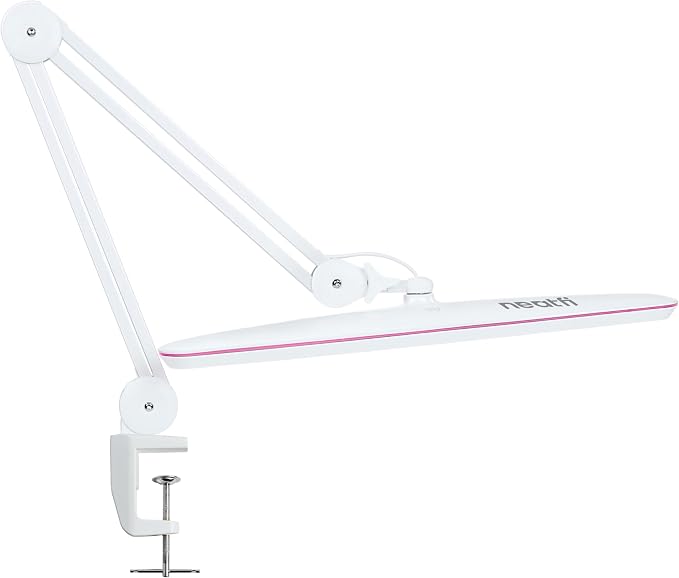Neatfi XL 2,200 Lumens 24W LED Desk Lamp – 23” Wide Shade | Dimmable Eye-Caring Task Light | Adjustable Arm | Home Office, Study, Crafts & Nail Tech (White with Pink Ring, Non-CCT with Clamp)