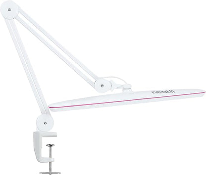 Neatfi XL 2,200 Lumens 24W LED Desk Lamp – 23” Wide Shade | Dimmable Eye-Caring Task Light | Adjustable Arm | Home Office, Study, Crafts & Nail Tech (White with Pink Ring, Non-CCT with Clamp)