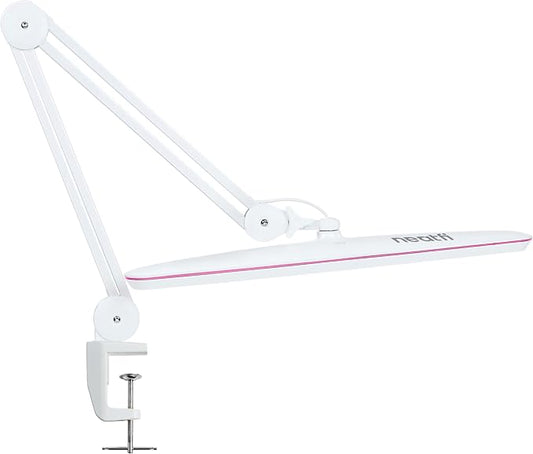 Neatfi XL 2,200 Lumens 24W LED Desk Lamp – 23” Wide Shade | Dimmable Eye-Caring Task Light | Adjustable Arm | Home Office, Study, Crafts & Nail Tech (White with Pink Ring, Non-CCT with Clamp)