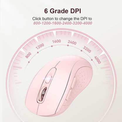 TECKNET Bluetooth Mouse (BT 5.0/3.0+2.4Ghz), 6-Level 4000 DPI Wireless Mice for Laptop, 2-in-1 Ergonomic Computer Portable PC Mouse, Silent Mouse with USB Receiver for Windows/Mac/PC/Notebook-Pink