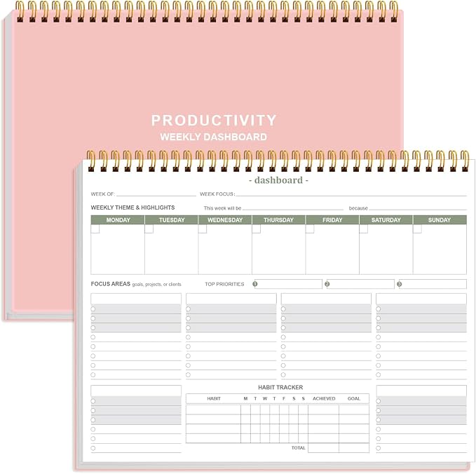 Weekly Productivity Dashboard - 8.5" x 11" Dashboard Desk Notepad Has 6 Focus Areas to List Tasks for Goals, Projects, Clients, Academic or Meal-Organize Your Daily Work Efficiently, 54 Weeks, Light Pink