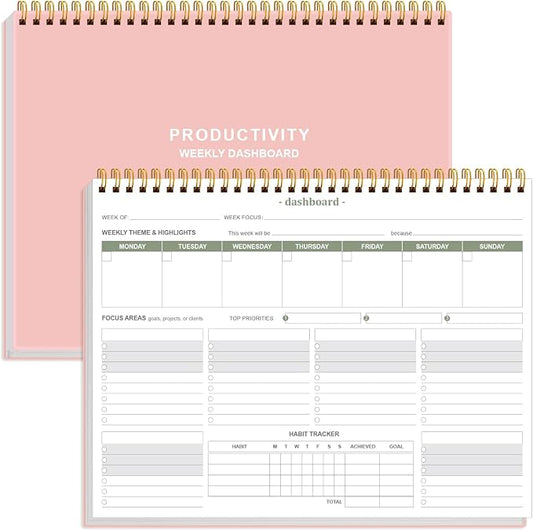 Weekly Productivity Dashboard - 8.5" x 11" Dashboard Desk Notepad Has 6 Focus Areas to List Tasks for Goals, Projects, Clients, Academic or Meal-Organize Your Daily Work Efficiently, 54 Weeks, Light Pink
