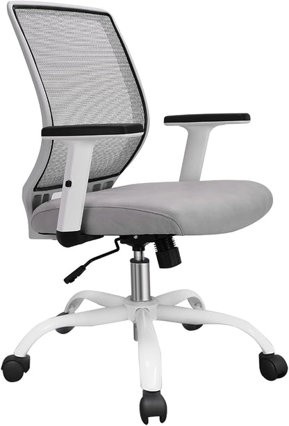 Ergonomic Office Chair Home Mesh Desk Chair with Adjustable Arms - Mid Back Computer Chairs for Adults - Swivel Task Chair Comfortable for Home Office (White &Grey)