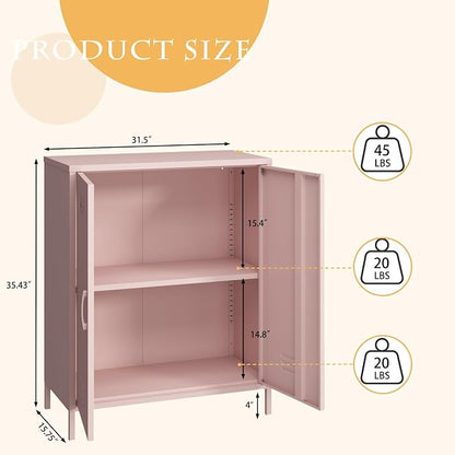 Steehoom Metal Storage Cabinet with 2 Door and Shelves, Metal Pink Locker Cabinet Console Table for School, Pantry, Dining Room, Office, Garage (Pink, H35.43'')